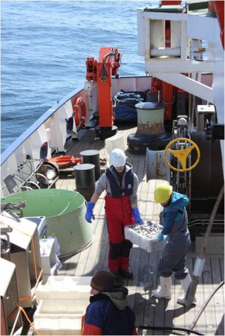 Matrose und Wissenschaftler bei der gemeinsamen Arbeit an Deck. Foto: Anna Lena Kolze