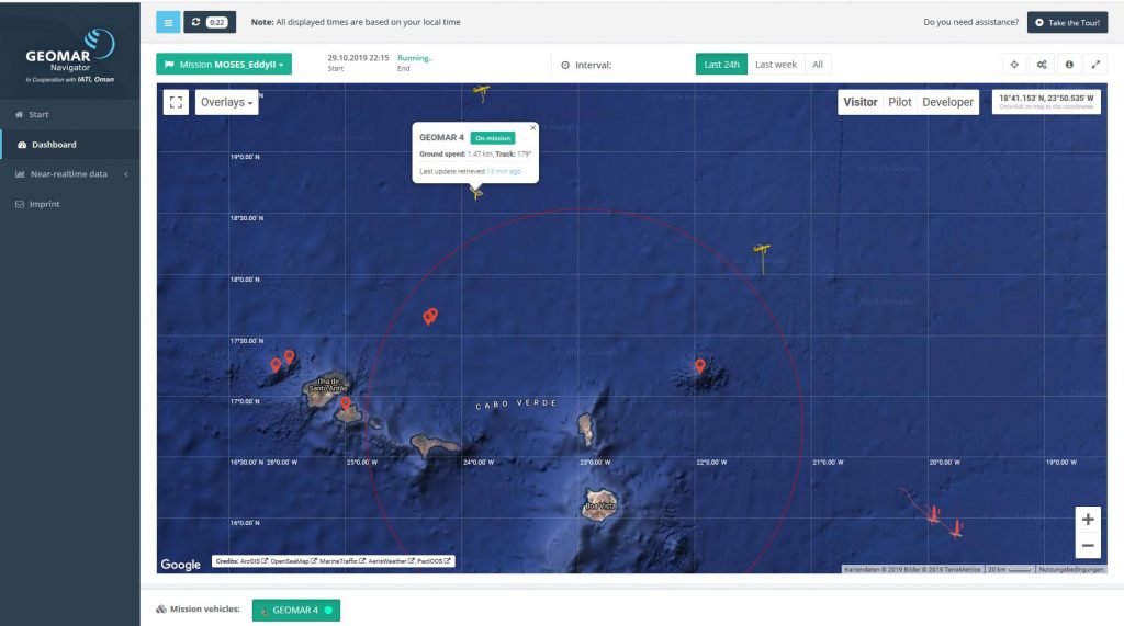 Im GEOMAR Navigator kann man die Kurse und Aktionen der autonomen Geräte live verfolgen / In the GEOMAR Navigator you can follow the courses and actions of the autonomous devices live.  