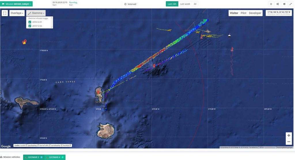 Positionen der an der #MOSESeddyhunt beteiligten Schiffe, Geräte und Flugzeuge am 2. Dezember im GEOMAR Navigator (Link siehe oben) / Positions of the ships, equipment and aircraft involved in the #MOSESeddyhunt on 2 December (Screenshot GEOMAR Navigator, see link above)