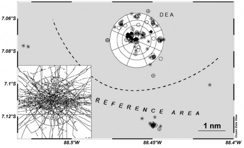 The working area of cruise SO242 (water depth approx. 4150 m). The symbols represent sampling positions during previous cruises to the DISCOL Experimental Area (DEA). White parts indicate the disturbed area. The insert shows disturbance tracks of the ‘deep-sea plough’ tows in 1989. The exact positions of stations will be defined based on the habitat maps obtained during SO242-1. Map after Borowski, 2001 (DSR II 48: 3809-3839).