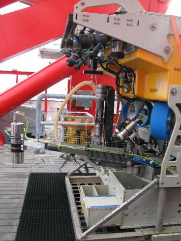 The sensor is mounted on the left arm of the ROV.