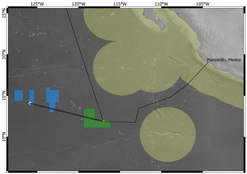 Figure 1: Ship track and working areas of RV Sonne cruise SO268-2. Starting from Manzanillo in Mexico we headed out of the Exclusive Economic Zones (EEZ) of any country (yellow areas around the coasts and islands). Within the EEZs, research permits have to be acquired to conduct scientific work. We travelled along the dashed, black line – recording hydro-acoustic data on currents and seafloor topography. The two main working areas are located in the Eastern German License Area (green box) and within the central Belgian license area (blue boxes). After we finish our work in the German license area we will head north to disembark RV SONNE in Canada.
Schiffsroute und Arbeitsgebiete von SO268-2. Unsere Reise führte uns im Februar vom Starthafen Manzanillo in Mexiko auf die Hohe See außerhalb jeglicher Aussenwirtschaftszonen (AWZ) von Staaten (gelbe Flächen entlang der Küste und um Inseln herum). Innerhalb der AWZ sind für die Durchführung wissenschaftlicher Arbeiten Forschungsgenehmigungen erforderlich. Die gestrichelte schwarze Linie zeigt unseren Fahrtverlauf, auf dem wir auch hydroakustische Daten über Wasserströmungen und die Topografie des Meeresbodens aufgezeichnet haben. Die beiden Hauptarbeitsgebiete befinden sich im östlichen deutschen Lizenzgebiet (grüne Box) und im zentralen belgischen Lizenzgebiet (blaue Boxen) Nachdem wir unsere Arbeit im deutschen Lizenzbereich beendet haben, fahren wir in Richtung Norden, um Ende Mai in Kanada das Schiff zu verlassen.