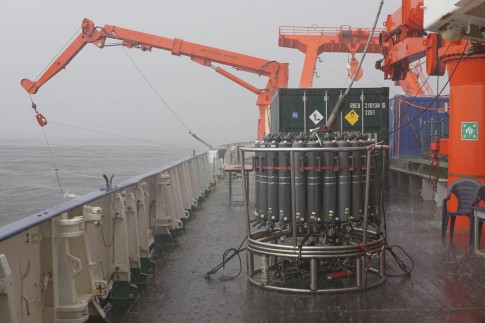 Figure 3. Heavy rain rinses the CTD rosette off Angola.