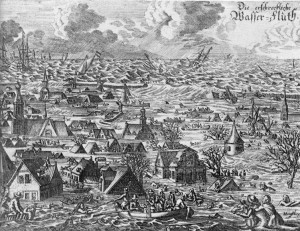 "Erschreckliche Wasserfluth": Contemporary copper print of the Burchardi Flood in 1634