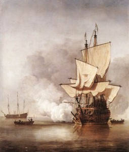 A typical naval history painting (Willem van de Velde, c. 1680; Rijksmuseum Amsterdam)