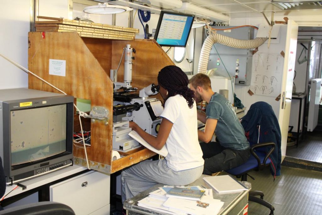 Leila Kittu analysing phytoplankton samples using a converted microscope. Photo by Nora-Charlotte Pauli