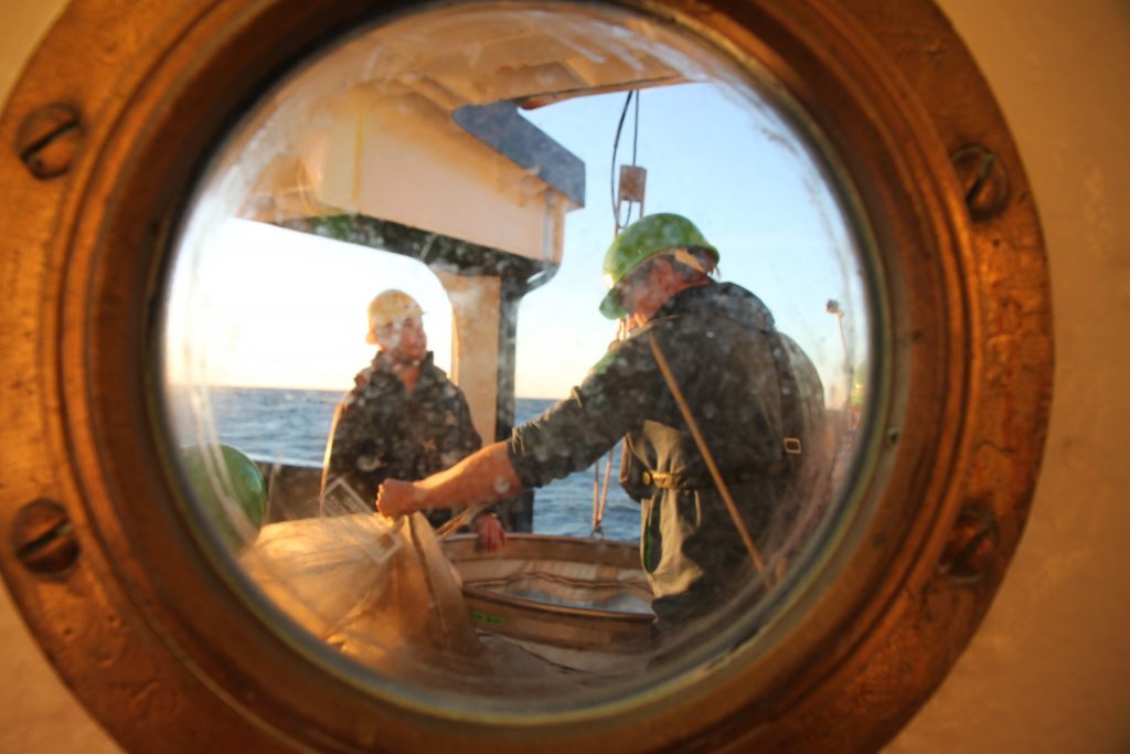 Raising the WP3 plankton net back to the deck (Photo by Vanessa Lampe)