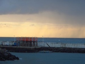 Mesocosms waiting on the pier in Taliarte Harbour (Photo: A. Paul)