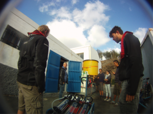 Photo: J. Müller. Preparing the samplers for their last trip out on the water for this experiment.