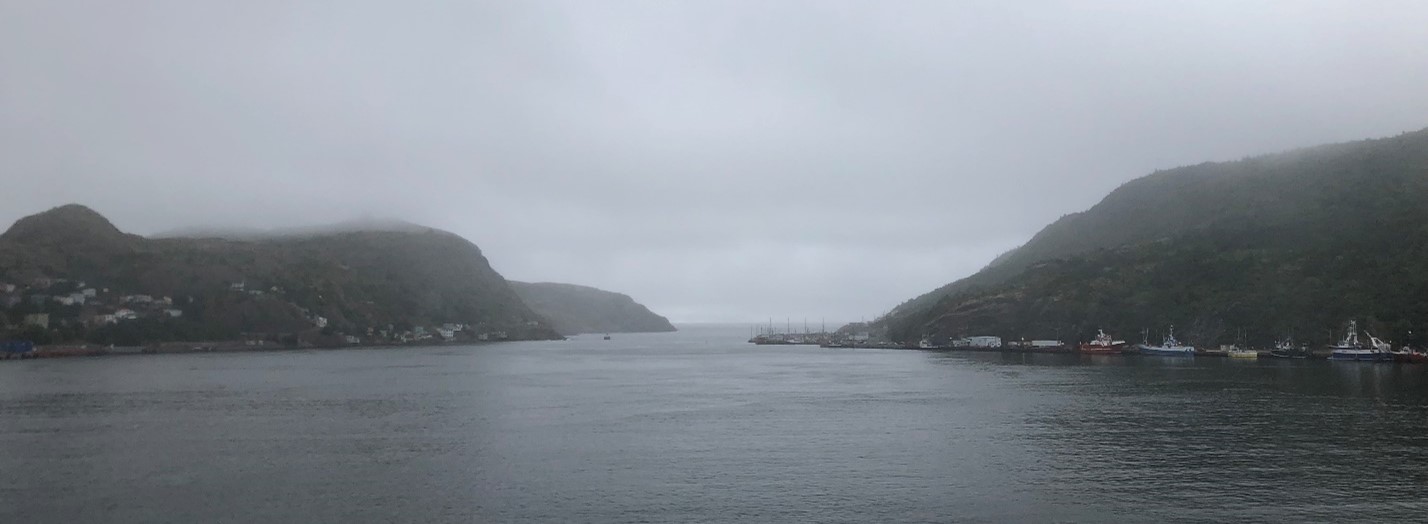 St John's harbour in the mist.  There is a narrow access to the ocean with hills on both sides.