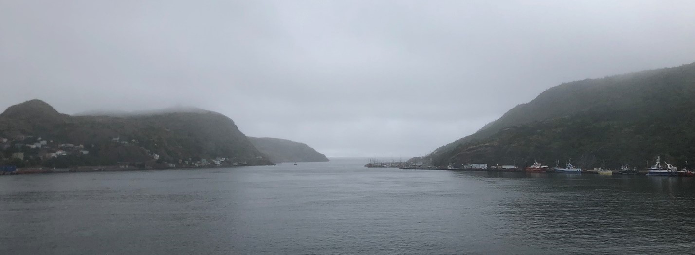 St John's harbour in the mist. There is a narrow access to the ocean with hills on both sides.