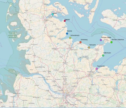 Übersichtskarte der 10 Standorte an der Ostsee, erstellt mit GIS von Kevin Schröder