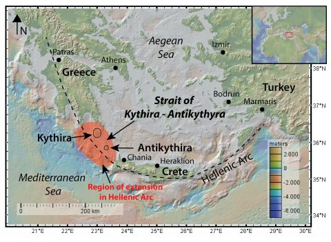 Map of the Strait of Kythira – Antikythyra showing the Hellenic Arc and the region of relative more extension and thinning that was eventually submerged and provided the seaway between mainland Greece and the island of Crete. Map: Anouk Beniest/UPMC