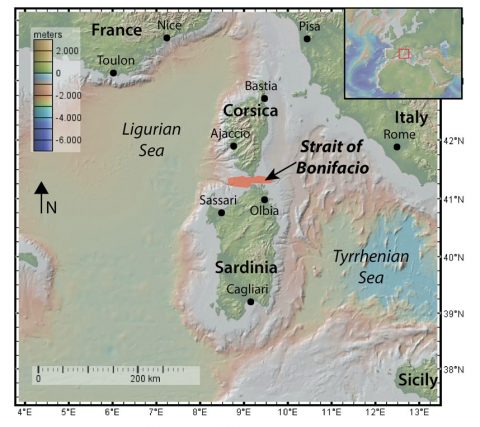 Map of the Strait of Bonifacio, showing the Ligurian and Tyrrhenian seas that are connected through the Strait of Bonifacio. Map: Anouk Beniest/UPMC