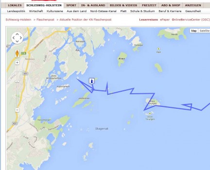 Letzte Positionsmeldung der Flaschenpost 51. Screenshot von www.kn-online.de