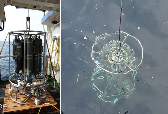Links: Der TA-Sensor befestigt an einer CTD für Messungen entlang der Wassersäule. Rechts: Die CTD direkt unter der Wasseroberfläche. Fotos: Allison Schaap