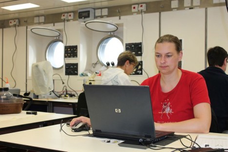 Ich an meinem Arbeitsplatz im Sortierlabor / Me at my working desk in the sorting lab. ©Nikolaus Elsner