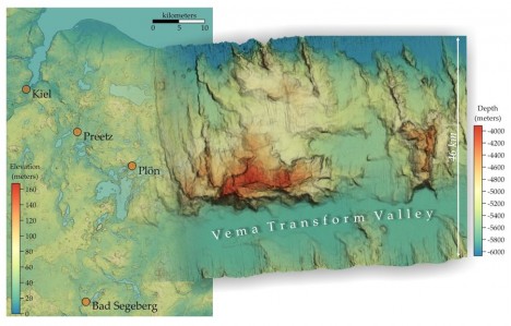 Links eine topographische Karte vom Kreis Plön und Kiel (Daten vom US Geological Survey) mit einer Auflösung von 30 m. Rechts ein Ausschnitt der Multibeam-Bathymetrie, die wir auf dieser Expedition in drei Linien (in Ost-West-Richtung) kartiert haben und in 60 m Auflösung darstellen können. Die Farbgebung der Karten ist an die jeweiligen Höhenunterschiede angepasst, der Maßstab ist jedoch bei beiden Karten gleich. / Left: A topographic map of the Plön-Kiel area (data from the US Geological Survey) in a 30 m spatial resolution. Right: A part of our multibeam bathymetry produced during this expedition that consists of three swath lines (trending east-west) and gridded in 60 m spatial resolution. The colour codes of the maps are adapted to the range in elevations (or depths), but the scales are the same in both maps. ©Nico Augustin