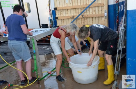 Waschen der Tiefseeprobe aus 8338 m / Washing the sample from 8338 m. ©Thomas Walter