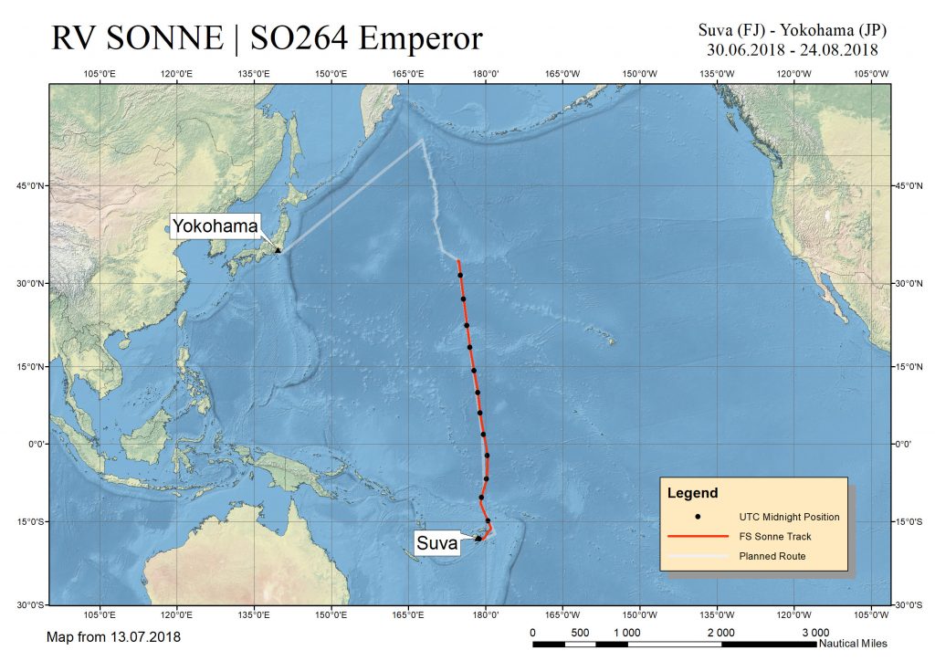 Map displaying the cruisetrack of RV SONNE since leaving Suva.