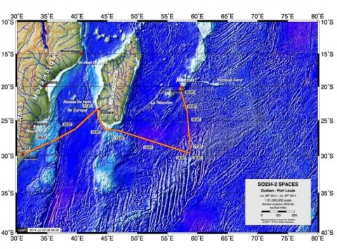 Figure 2a: SO234-2 route from 08.07.-07.20.2014 (Image by Stefan Meinecke, RV Sonne).