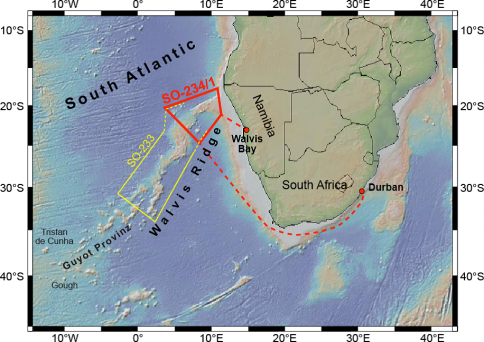 Die Routen der Ausfahrten WALVIS II (SO-233) und SPACES (SO-234/1) vor der Küste Südafrikas und Namibias. Grafik: Reinhard Werner, GEOMAR