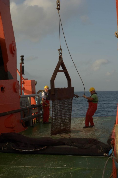 A dredge being deployed into the deep sea on SO 234/1. Pphoto: Roland Knauer