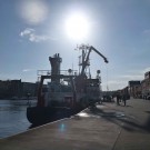 The Alkor tied up to the GEOMAR pier on the East shore of Kiel Fjord for the discharging of equipment and samples at the end of cruise AL454. Photo: Jan Dierking