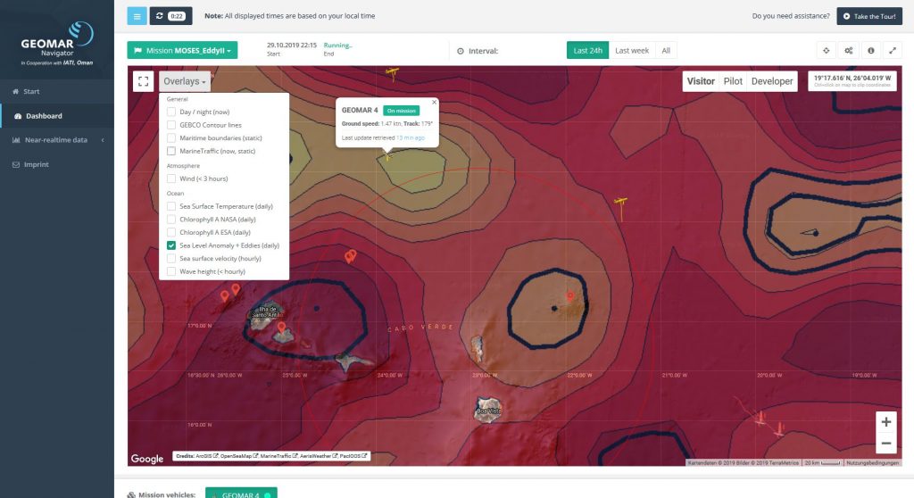 Die anrückenden Eddies schon im Blick: Der GEOMAR Navigator zeigt den Kurs von autonomen Geräten und Anomalien an der Meeresoberfläche. / Monitoring the approaching eddies-the GEOMAR Navigator shows the course of autonomous devices and sea surface anomalies