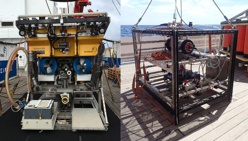 Fig 1: The Remotely Operated Vehicle (ROV) Kiel 6000 und OFOS. (Ocean Floor Observation System) / Das ROV (Remotely Operated Vehicle) Kiel 6000 und das OFOS (Ocean Floor Observation System). Photos: OFOS: Yasemin Bodur (MPI), ROV: Sofia Ramalho (IMAR)