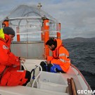 Paul and Fabrizio pumping sediment from the mesocosms. Photo: Maike Nicolai, GEOMAR.