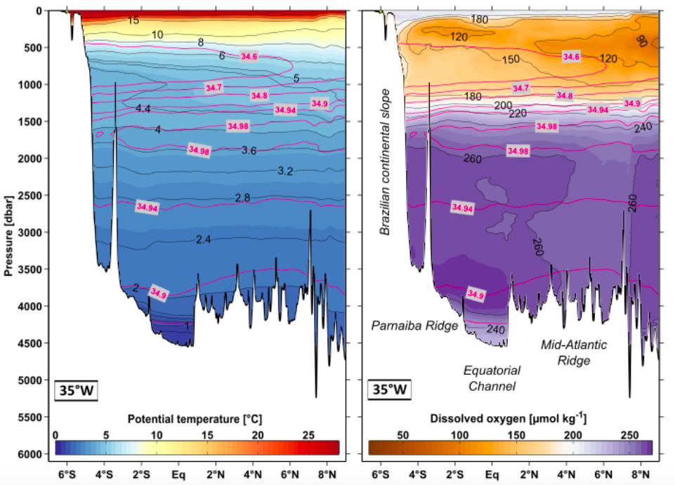 Figure 1: Mean distributions of temperature and oxygen (salinity is overlayed in magenta) along the 35°W meridian –from the Brazilian coast northward. These sections represent the average of 12 previous cruises (1990-2004) along this route and nicely show the different patches of properties characterizing different water masses (Herrford et al., 2017).