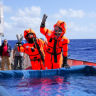 Luisa Sarmiento (right) and Christin Jahr (left) about to test survival suits in the pool. Photo by Martin Visbeck