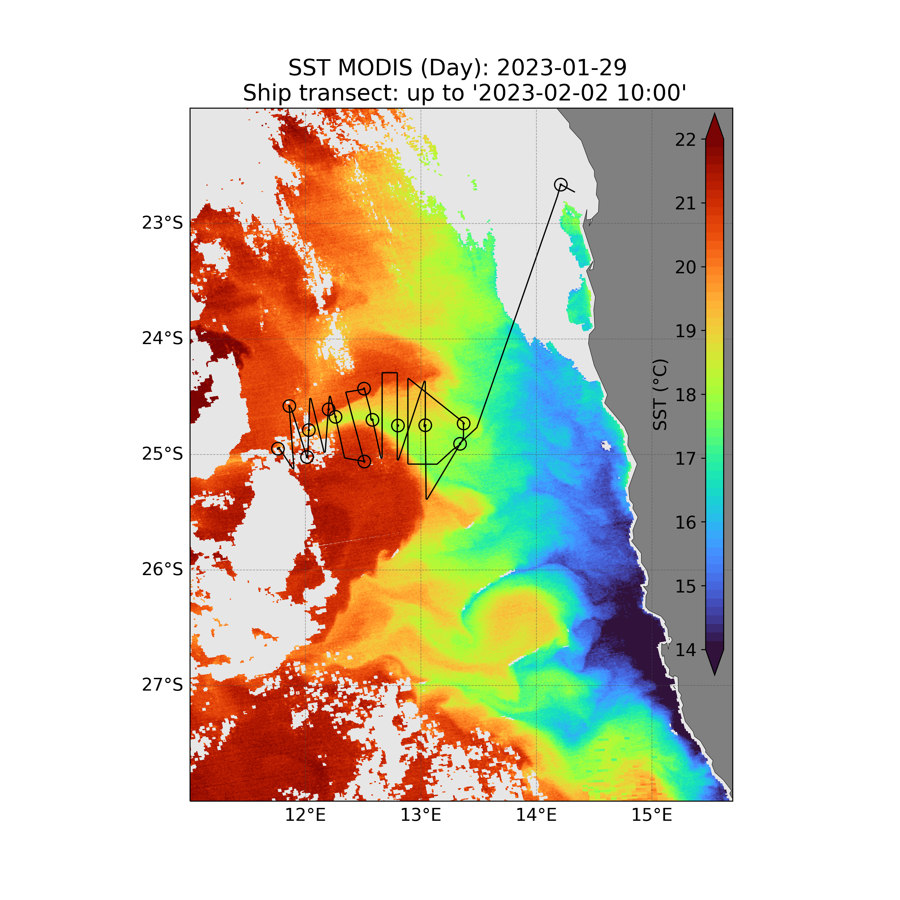 A satellite image of the studied filament (SST = Sea Surface Temperature).