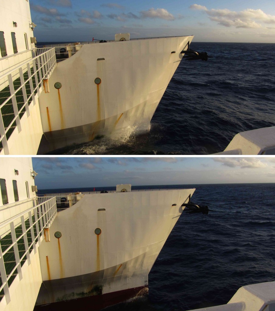 Wave action of the port-side bow. (Photos by Meike)