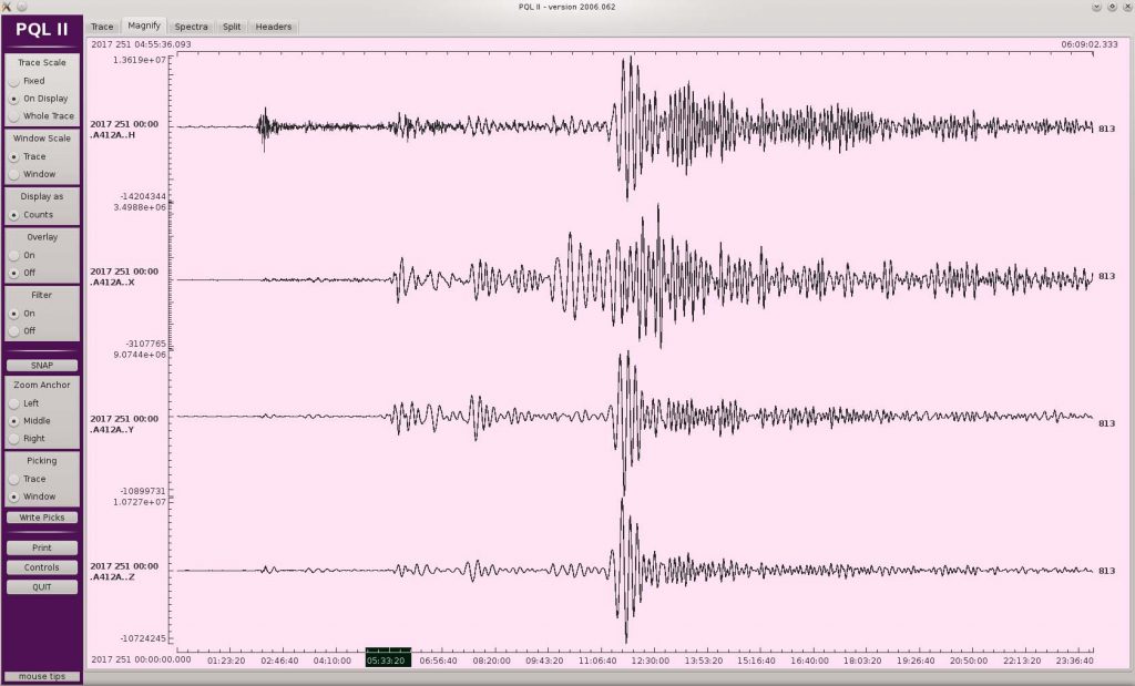 Earthquake waves generated by the Sept 9, 2017 Mexiko earthquake (magnitude 8.2). The waves travel through the earth, similar to a medical computer tomography. We use these data to reconstruct the inner structure of our planet.