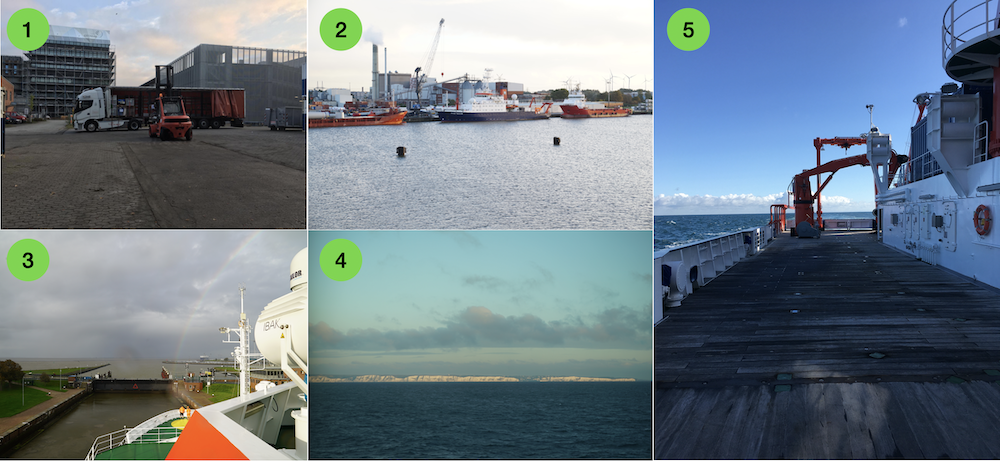 Five images: 1 logistics at GEOMAR, 2 RV Meteor in port, 3: passing the lock in Emden, 4: the english coast, 5: the free deck and endless horizon