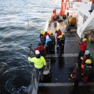 Der Greifer wird aus 26 Metern Wassertiefe an die Oberfläche geholt. (Foto: G. Seidel, GEOMAR)