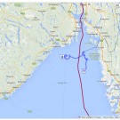 Seit dreieinhalb Tagen bewegen Wind und Strömungen Flaschenpost 51 durch das Skagerrak. Screenshot vom 2. Mai 2014. http://www.kn-online.de/Schleswig-Holstein/Flaschenpost/Aktuelle-Position-der-KN-Flaschenpost