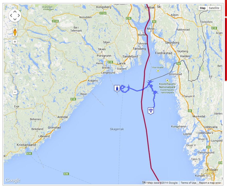 Seit dreieinhalb Tagen bewegen Wind und Strömungen Flaschenpost 51 durch das Skagerrak. Screenshot vom 2. Mai 2014. http://www.kn-online.de/Schleswig-Holstein/Flaschenpost/Aktuelle-Position-der-KN-Flaschenpost