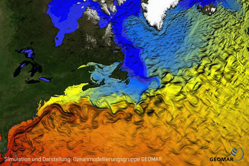 Schwächelt der Golfstrom oder nicht? Diese Darstellung zeigt eine Momentaufnahme der Oberflächenströmung im Nordatlantik anhand der Oberflächentemperaturen im Ozeanmodell ORCA12. Simulation und Darstellung: Ozeanmodellierungsgruppe GEOMAR