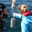 Rosanna lässt ein Planktonnetz zu Wasser. Foto: Maike Nicolai, GEOMAR