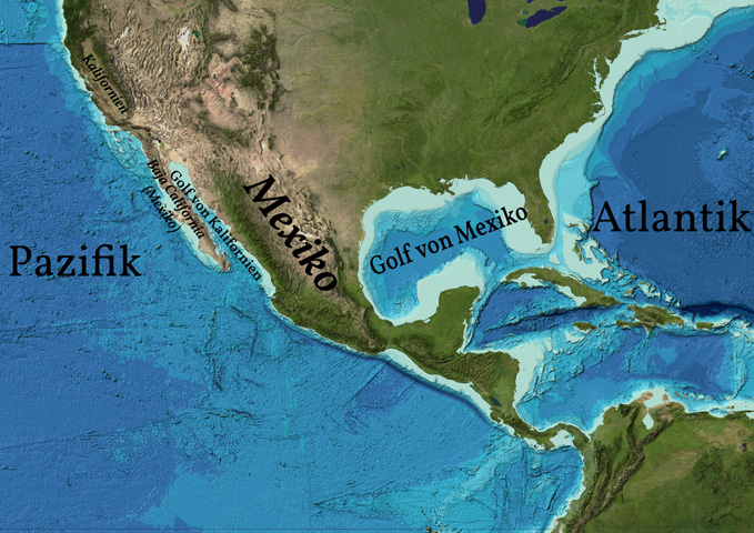 Ein Land und zwei Golfe: Mexiko liegt zwischen dem Golf von Mexiko und dem Golf von Kalifornien. Eigentlich nicht zu verwechseln. Oder doch? Image reproduced from the GEBCO world map 2014, www.gebco.net