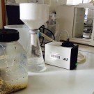 Links im Bild ist der Behälter zu sehen, in dem die Sandprobe mit der Kochsalzlösung gewaschen wurde. Mittig steht der Kolben mit dem Keramiktrichter, in dem der Filter liegt. Die Pumpe (rechts), hilft dabei, die Flüssigkeit schneller abfließen zu lassen. Foto: G. Seidel, GEOMAR
