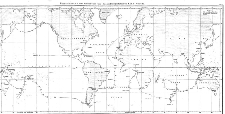 Die Reiseroute der Dampfkorvette "Gazelle" während ihrer Forschungsreise um die Welt 1874-1876. Aus: Die Forschungsreise S.M.S. GAZELLE in den Jahren 1874 bis 1876 unter Kommando des Kapitän zur See Freiherrn von Schleinitz. II. Theil: Physik und Chemie. Hrsg. von dem Hydrographischen Amt der Admiralität, Berlin : Mittler, 1888.