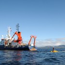 After deployment, research submersible JAGO is towed towards his diving position. Photo: Maike Nicolai, GEOMAR