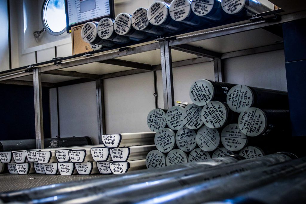 Several sediment cores from the Suiko seamount waiting in the 4°C Climate Lab of R/V Sonne to share their secrets. Photo: Thomas Ronge, editing: Steffen Niemann