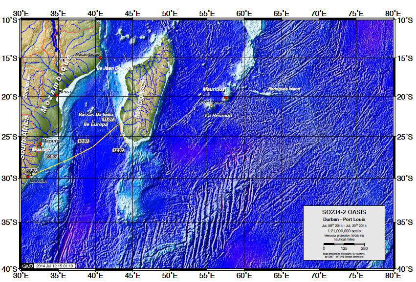 The position of the RV SONNE on 12 July 2014