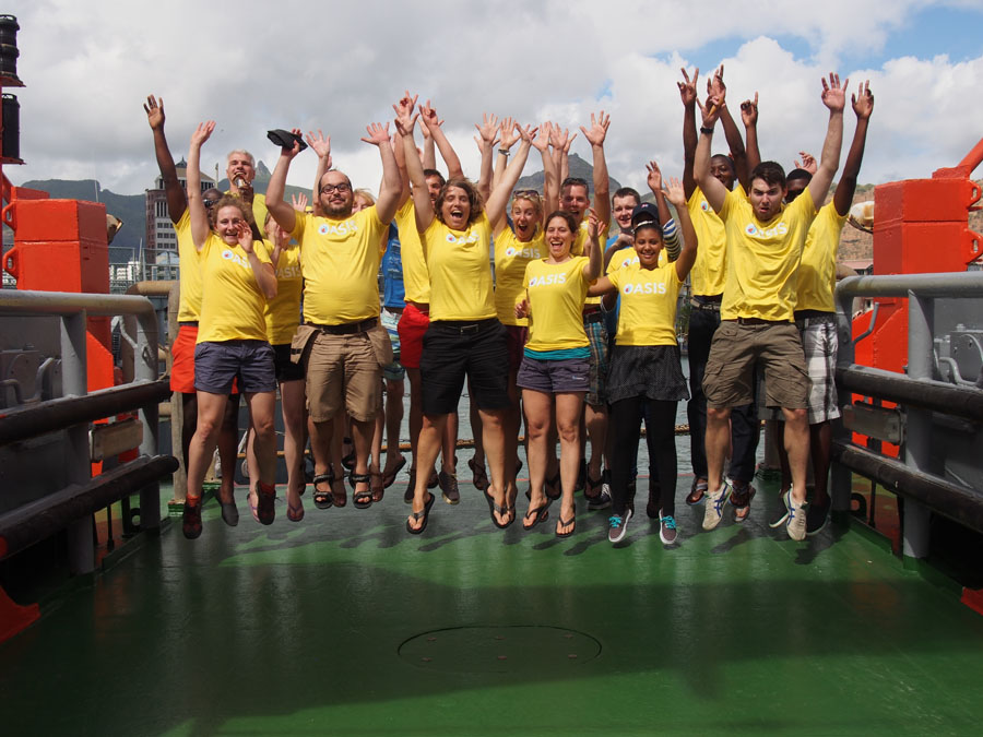 This cruise was ... great! The team of SO234-2 after the arrival in Port Louis. Photo: Folkard Wittrock